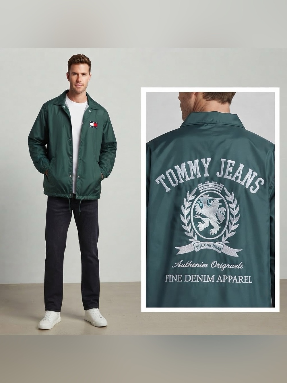 Tommy Hilfiger Jeans Lined Windbreaker Coaches Jacket Dark Green Logo Back Sz M